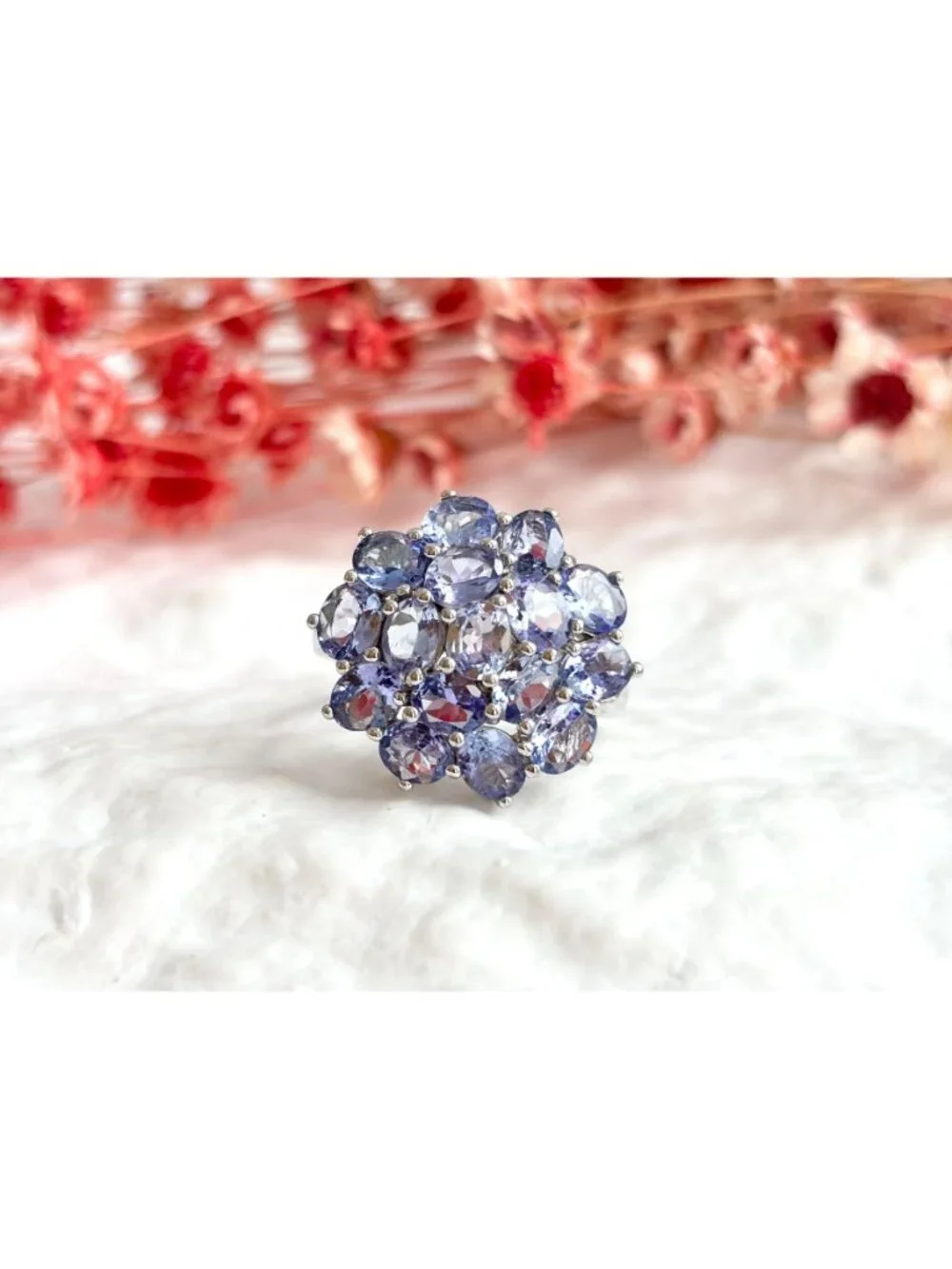 Tanzanite Gemstone Cluster Blooming Floral Sterling Silver 925 Vintage Ring sz 8